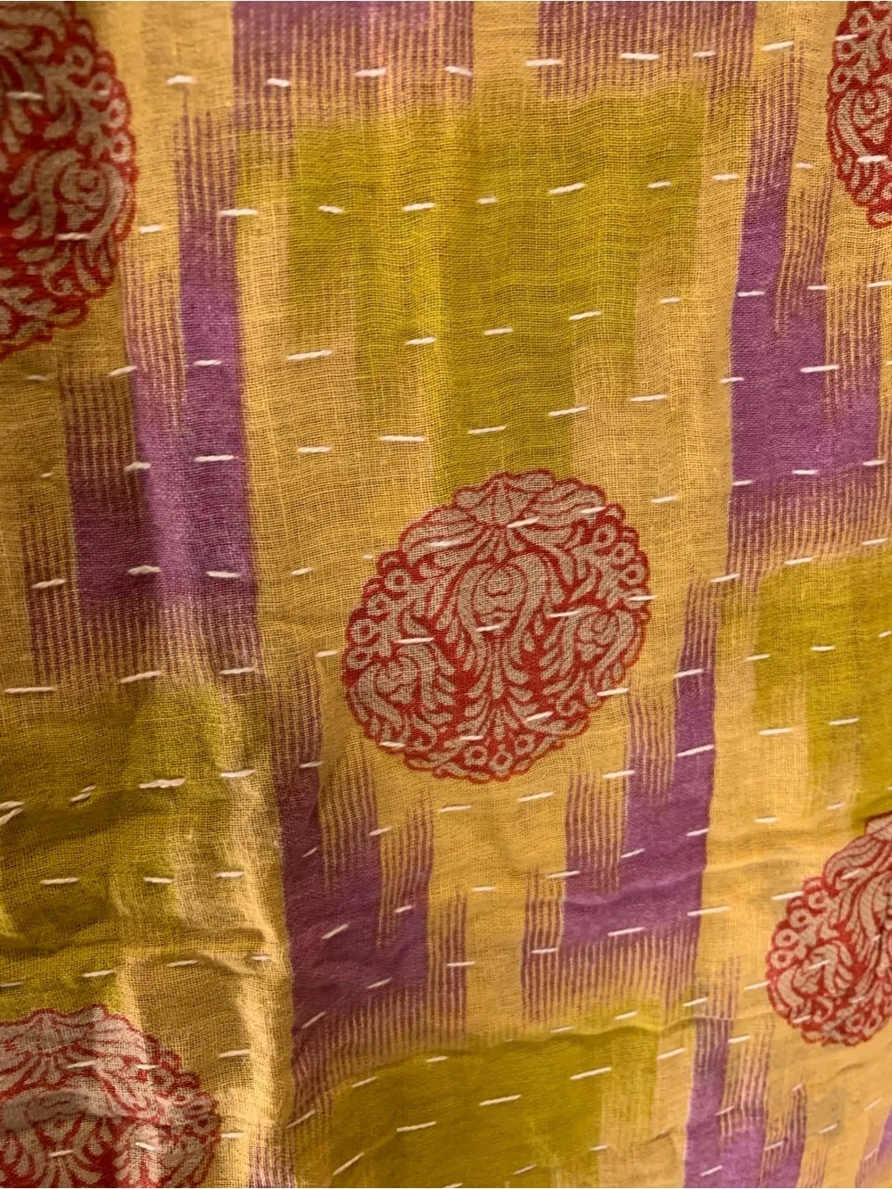 Handmade Kantha Quilt Twin Size Recycled Sari Cotton Maroon Chartreuse Purple